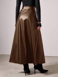 COSMINA Damen eleganter Schirm-Saum Langrock aus PU-Leder, Herbst/Winter - Kaffeebraun - Übersicht 7