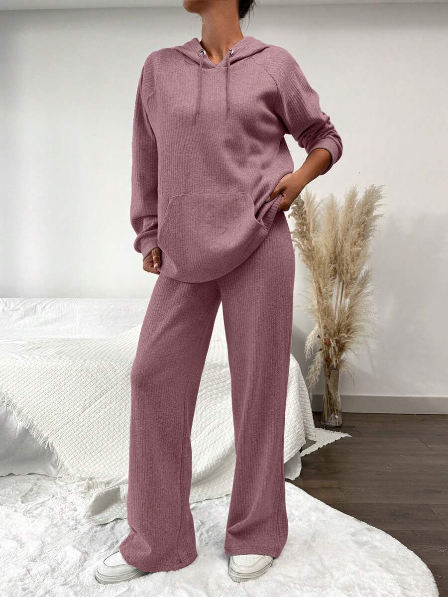 SHEIN Cottnline Women's Solid Color Raglan Sleeve Drawstring Hooded Sweatshirt And Pants Casual 2 Pieces Set - Rusty Rose - View 1