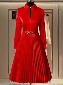 GlowEve CURVE Women's Solid Color Collared Pearl Button Decorated Pleated Long Sleeve Dress, Suitable For Daily Dates, New Year Holidays - Red - View 5
