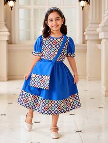 Young Girls Middle Eastern Style Blue Floral Print T-Shirt & Skirt 2-Piece Set With Matching Crossbody Bag,Summer Family Matching Modest Folk Dress - Blue - View 4