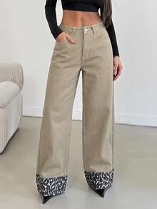 EURMUSE HIGH RISE WIDELEG JEAN WITH LEOPARD PETITE - Khaki - View 4