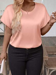 EMERY ROSE Plus Size Women's Solid Color Round Neck Batwing Short Sleeve Casual Shirt,Blush Pink,Summer,Elegant,Everyday,Formal Cute Oversized Tee Tops - Pink - View 5