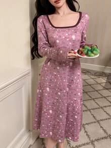 DAZY 女款碎花對比滾邊長款U領睡裙睡衣 - 粉色 - 查看 5