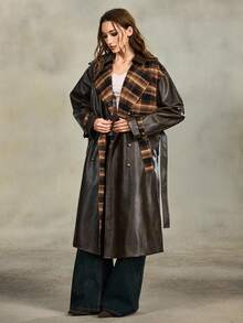 ROMWE EDITION Vintage Distressed PU Patchwork Plaid Long Leather Jacket, Suitable For Autumn/Winter - Multicolor - View 4