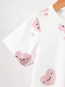 2pcs Baby Girls' Cute White And Pink Heart Bow Print Nightgowns,Toddler Summer Holiday Dresses,Short Sleeve Round Neck Polyester Sleepwear Pajamas Set - Pink - View 4