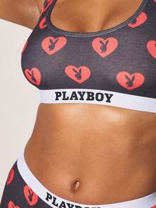 Missguided x Playboy 心形印花文胸内裤套装，带Logo腰带，日常舒适家居内衣，贴身衣物，基础印花内衣 - 黑色 - 查看 5