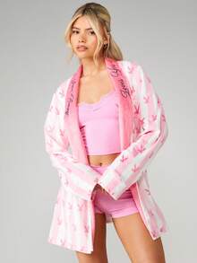 Missguided x Playboy 兔子印花柔软蓬松睡袍，带腰带，长袖，女士冬季舒适家居服 - 彩色 - 查看 5