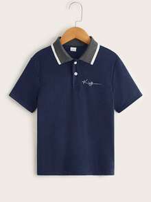 SHEIN Tween Boy Letter Embroidery Casual Versatile Vacation Short Sleeve Polo Shirt - Navy Blue - View 1