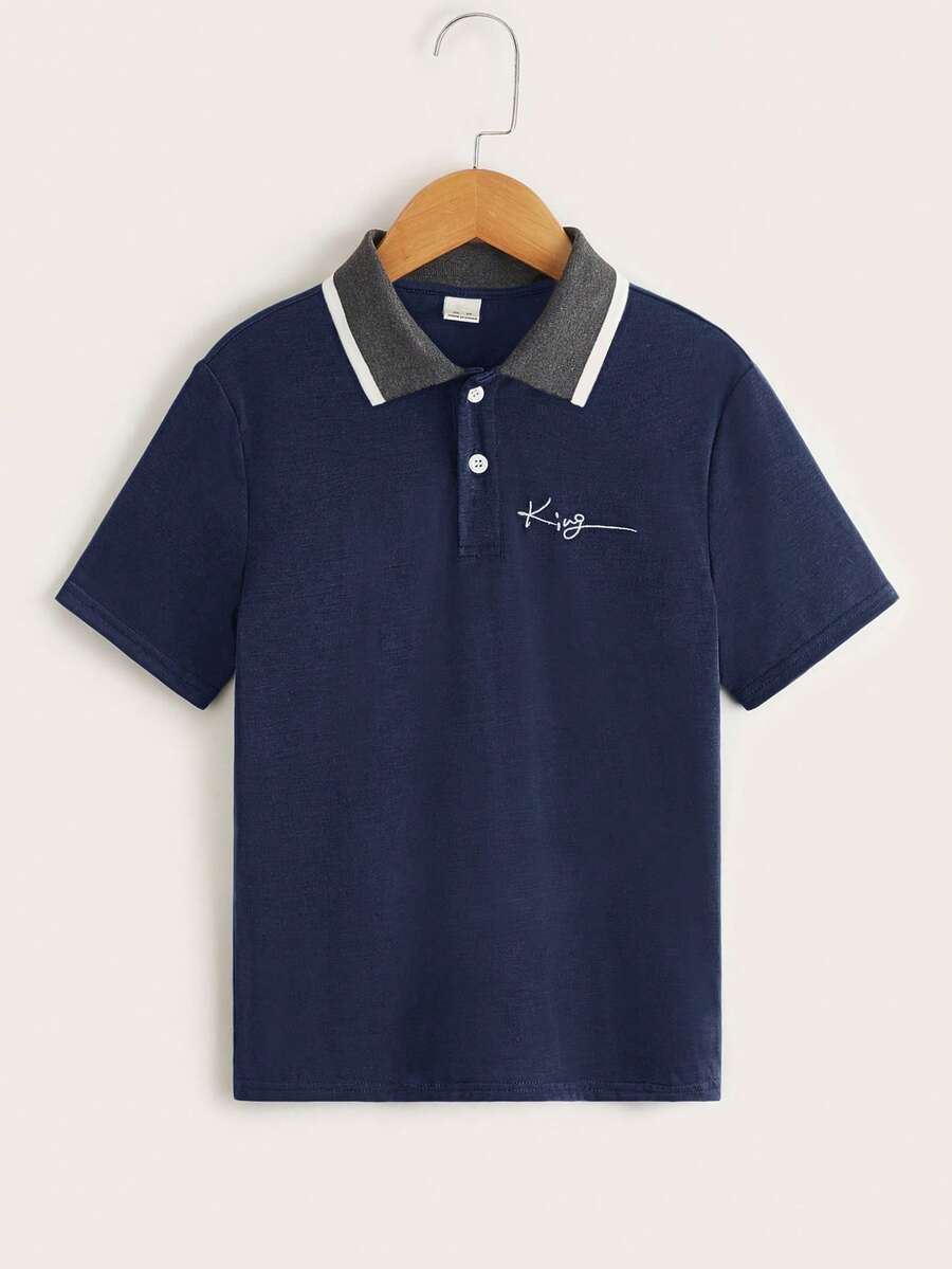 SHEIN Tween Boy Letter Embroidery Casual Versatile Vacation Short Sleeve Polo Shirt - Navy Blue - View 1