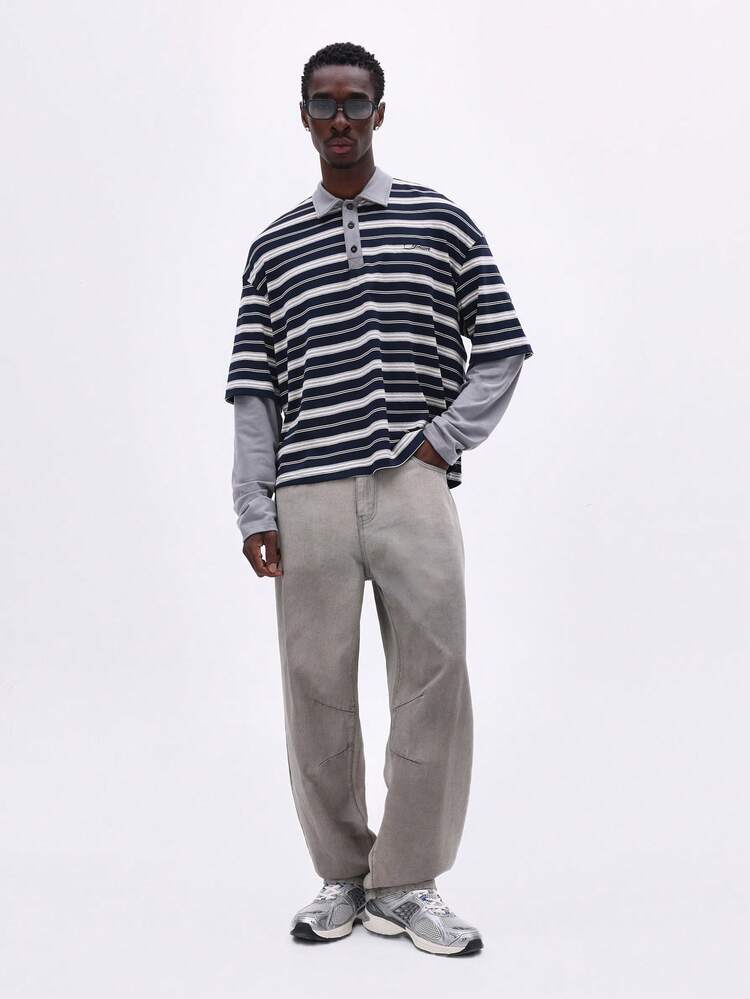 SUMWON Camisa polo de manga larga con diseño de doble capa y rayas para hombre, diseño casual de ajuste regular, cuello con botones, color azul marino, gris y blanco