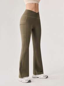 OutZeal 女士保暖磨毛衬里交叉腰后口袋喇叭户外打底裤冬季日常休闲 - 軍綠色 - 查看 8