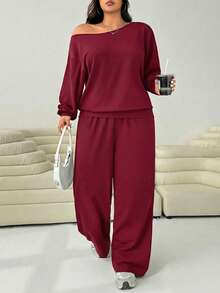 SHEIN EZwear 大尺碼女款純色落肩長袖上衣與寬腿褲休閒兩件套 - 酒紅色 - 查看 4
