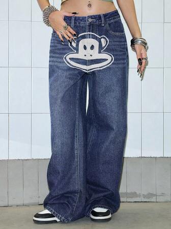 Paul Frank X ROMWE Jeans larghi e larghi in stile streetwear Y2K con grafica cartoni animati vintage