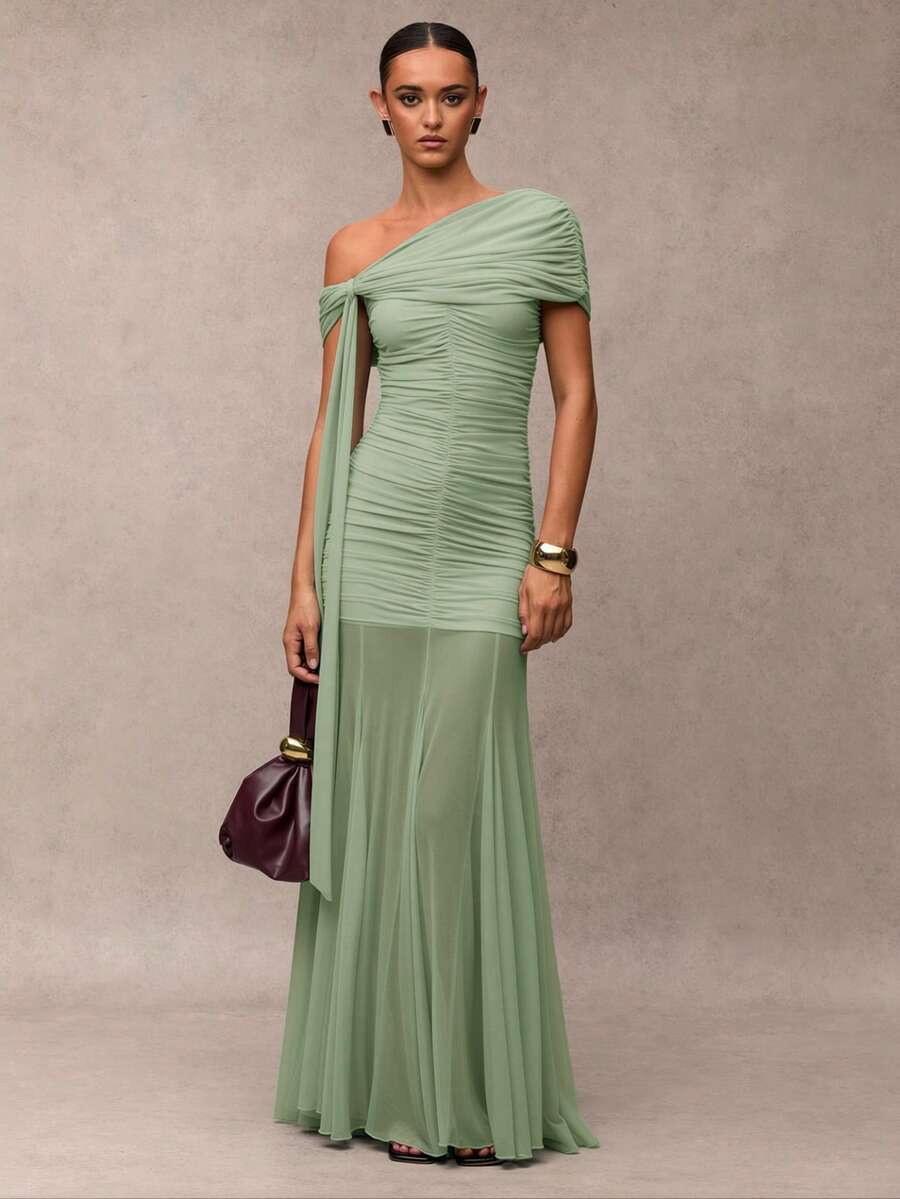 SHEIN BAE Women's Solid Color Oblique Shoulder Ruched Flounce Design Elegant Dress - Mint Green - View 1