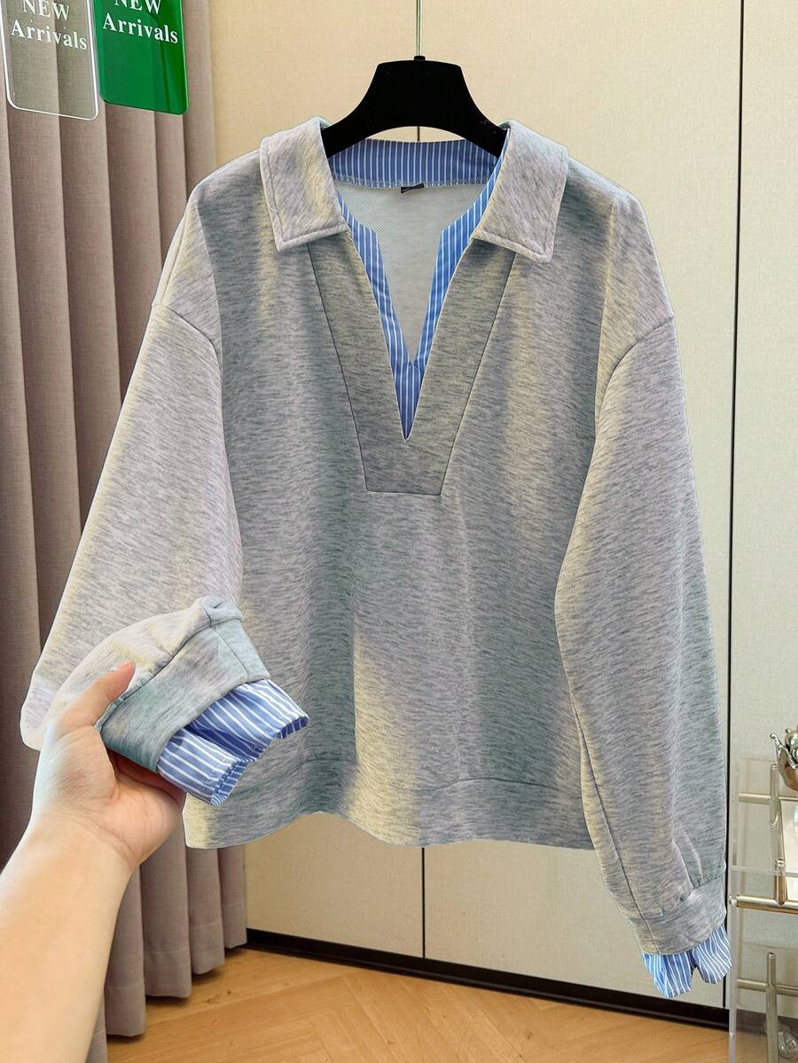 Resyla Women's Striped Patchwork Loose Fit Drop Shoulder Long Sleeve Casual Sweatshirt - Light Grey - View 1