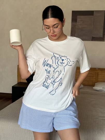 Dazy Plus Plus Size Women Casual Cartoon Dog Print Loose White Short Sleeve Top And Striped Shorts Pajama Set, Spring/Summer