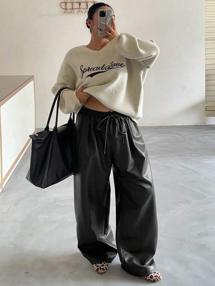 Dazy Plus Plus Size Women Loose Straight Leg PU Leather Pants With Drawstring Waist, Casual Street Style, Suitable For Autumn/Winter