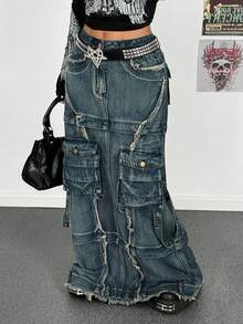 StreetHx Women's Cargo Pocket Frayed Hem Extra Long Casual Denim Skirt - Blue - View 1