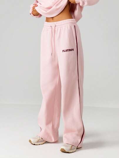 Missguided x Playboy Branded Drawstring Waist Wide Leg Joggers With Side Stripe Detail And Elastic Cuffs For Casual Everyday Comfort