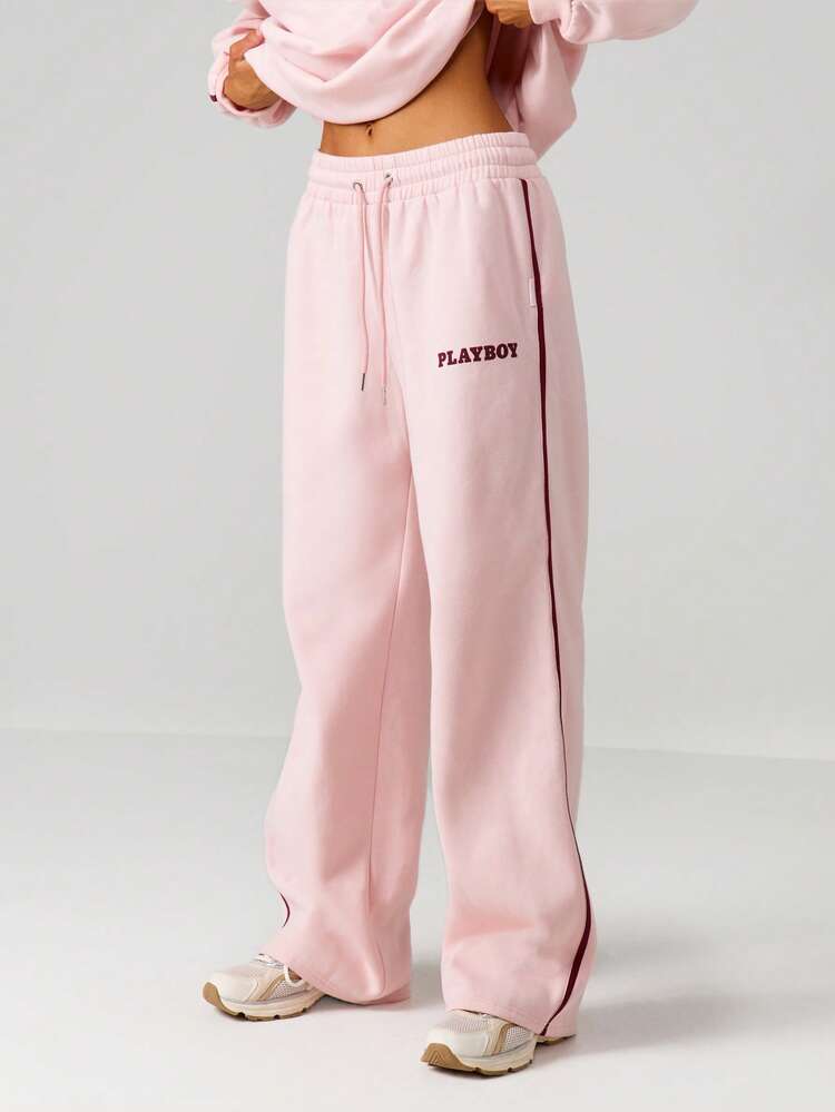 Missguided x Playboy Branded Drawstring Waist Wide Leg Joggers With Side Stripe Detail And Elastic Cuffs For Casual Everyday Comfort