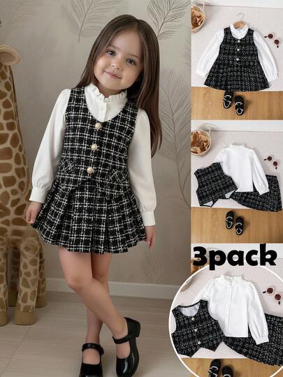 SHEIN 3pcs/Set   Young Girl Plaid Print Button Front Vest + Skirt + White Long Sleeve Shirt Elegant Outfit 3pcs/Set Young Girls Elegant Gold Button Vest, Ruffle Collar Shirt, And Pleated Skirt Plaid Suit, Suitable For Autumn/Winter, Party, Daily Wear, School, Matching Sister Outfits Girls School Clothes Sets Two Piece Kids Set Plaid Girl School Dress Teen School Clothes 2 Piece Set School Girl Preppy Fall Outfits School Uniform Set Girls School Clothes Girl Preppy Two Piece Set,Preppy Two Piece Set