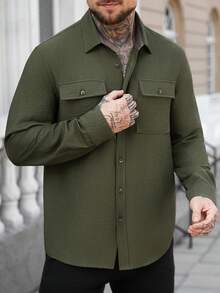 Manfinity Homme Camisa de manga larga verde oliva, camisa de manga larga de color block, camisa de manga larga casual, con bolsillos dobles - Verde militar - Ver 6