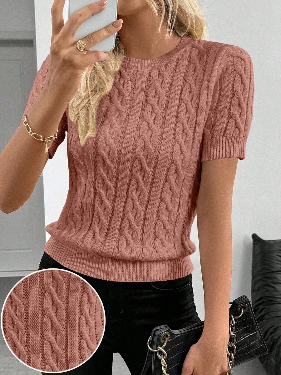SHEIN Cottnline Blogger-Inspired Twist Rope Decor Round Neck Knit Sweater, Versatile For Autumn/Winter - Dusty Pink - View 1