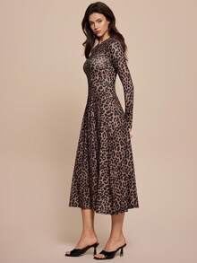 Leighera Women's Minimalist Daily Wear Leopard Print Long Sleeve Fall Long Dress Maxi Women Outfit - Multicolor - View 4