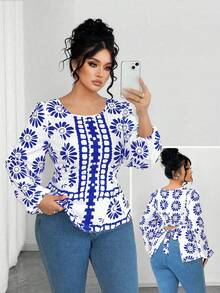 SHEIN Elenzya 女士圆领修身长袖印花衬衫，休闲外套 - 寶藍色 - 查看 1