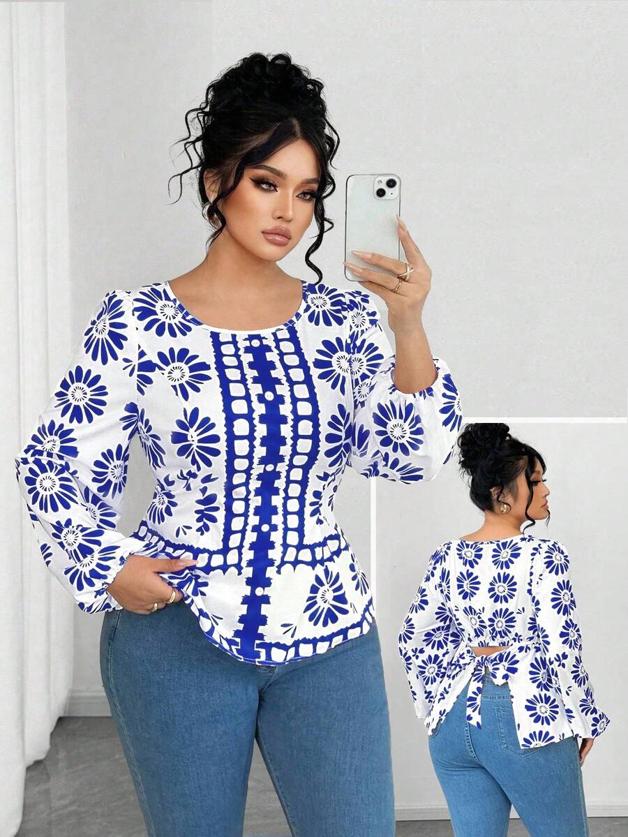 SHEIN Elenzya 女士圆领修身长袖印花衬衫,休闲外套 - 寶藍色 - 查看 1