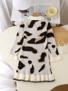 Tween Girls' Fashionable Collared Long Sleeve Sweater Dress - Beige - View 2
