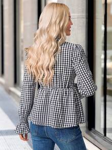 SHEIN Clasi Women's Elegant Ruffle Trim Loose Long Sleeve Blouse, Versatile Undershirt For Autumn, Summer - Black and White - View 2