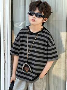 DAZY 青少年男童夏季休闲日常通勤撞色条纹印花宽松T恤