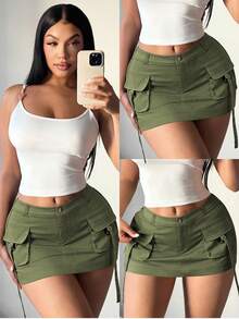 Maweii Plus Size Solid Color Casual Style Cropped Fitted Mini Skirt, Summer - Army Green - View 6