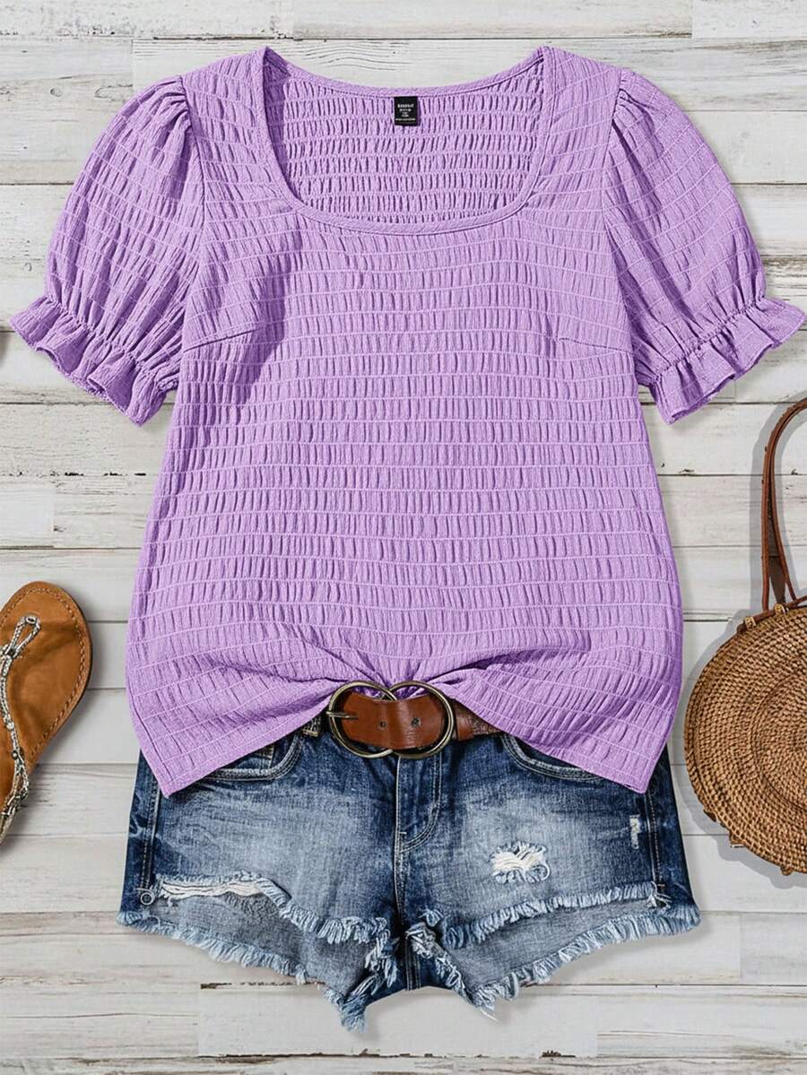 SHEIN VCAY 大码女式纯色圆领短泡泡袖休闲紫色夏季上衣 - 淡紫色 - 查看 1