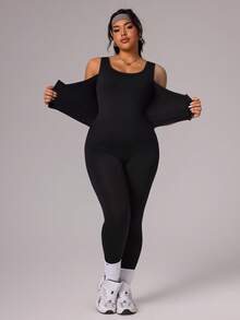 SHEIN Sports Plus Size Women Solid Color Elastic Waist Snap Button Jumpsuit - Black - View 6