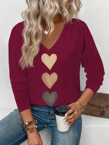 EMERY ROSE Kaos Lengan Panjang Kasual Wanita Model V-Neck dengan Manset Mengembang, Motif Hati Ombre Terlaris, Musim Semi/Gugur - Burgundy - View 4
