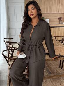 SHEIN LUNE 2pcs Women Cinched Waist Curved Hem Front Long Back Short Shirt And Pants Set,Linen Modest Comfortable Plain Grey,Autumn,Smart Casual,Everyday Blouse - Coffee Brown - View 3