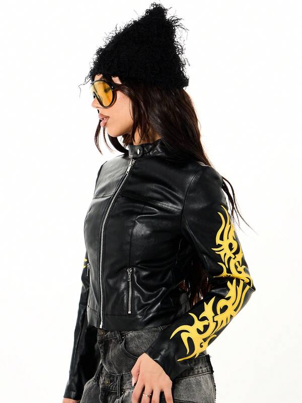 SUMWON WOMEN Flame Embroidered Motorcycle Leather Jacket With Print Designs Asymmetrical Zip Closure Statement Outerwear
