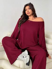 SHEIN EZwear 大尺碼女款純色落肩長袖上衣與寬腿褲休閒兩件套 - 酒紅色 - 查看 1