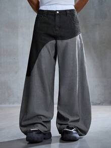 ROMWE MEN Men's Casual Everyday Commute Fashion Street Color Block Loose Wide Leg Jeans - Black - View 5