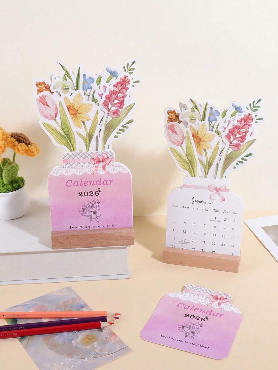 Calendário de mesa decorativo com flores, 2026 anos, design criativo e elegante que não ocupa espaço na mesa. Ideal para presentear amigos. - Peça única - Ver 1