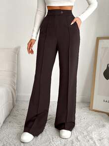 EURMUSE Women's Solid Color High Waist Toothpick Stripe Design Pocket Casual/Work Pants - Brown - View 6