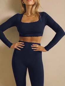 Aralina Leisurewear Lace Trim Long Sleeve Crop And Legging Active Gym Workout Two Pieces Women Set - Navy Blue - View 7