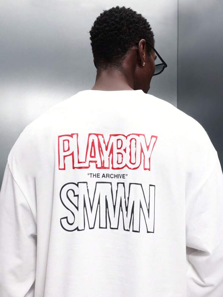 PLAYBOY X SUMWON Men's Boxy Fit Long Sleeve Crew Neck T-Shirt With Back Graphic Print Casual Streetwear Top