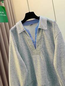 Resyla Women's Striped Patchwork Loose Fit Drop Shoulder Long Sleeve Casual Sweatshirt - Light Grey - View 6