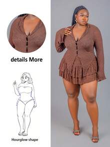 CurvyTilda Plus Size Casual Fitted Long Sleeve Top And Skirt 2 Pieces Set, Suitable For Autumn Brown 2 Pieces Set Crinkle 2 Pieces Set,Fall Clothes For Women, For Hourglass Body Shape - Coffee Brown - View 9