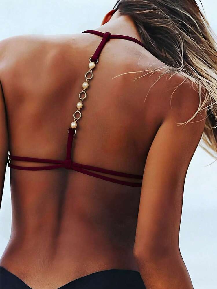 Swim Vcay Damen einfarbiges Neckholder-Bikini-Oberteil mit dekorativem rückenfrei, sexy Mode - Rot-violett - Übersicht 1