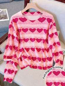 Franclia Women's Full Print Long Sleeve T-Shirt, Back To School Clothing, Autumn/Winter, Heart Design - Multicolor - View 1