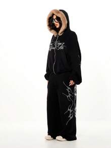 SUMWON WOMEN Oversized Boxy Full Zip Hoodie With Faux Fur Hood And Rhinestone Flame Detail Script Graphic Winter Sweatshirt - Black - View 3
